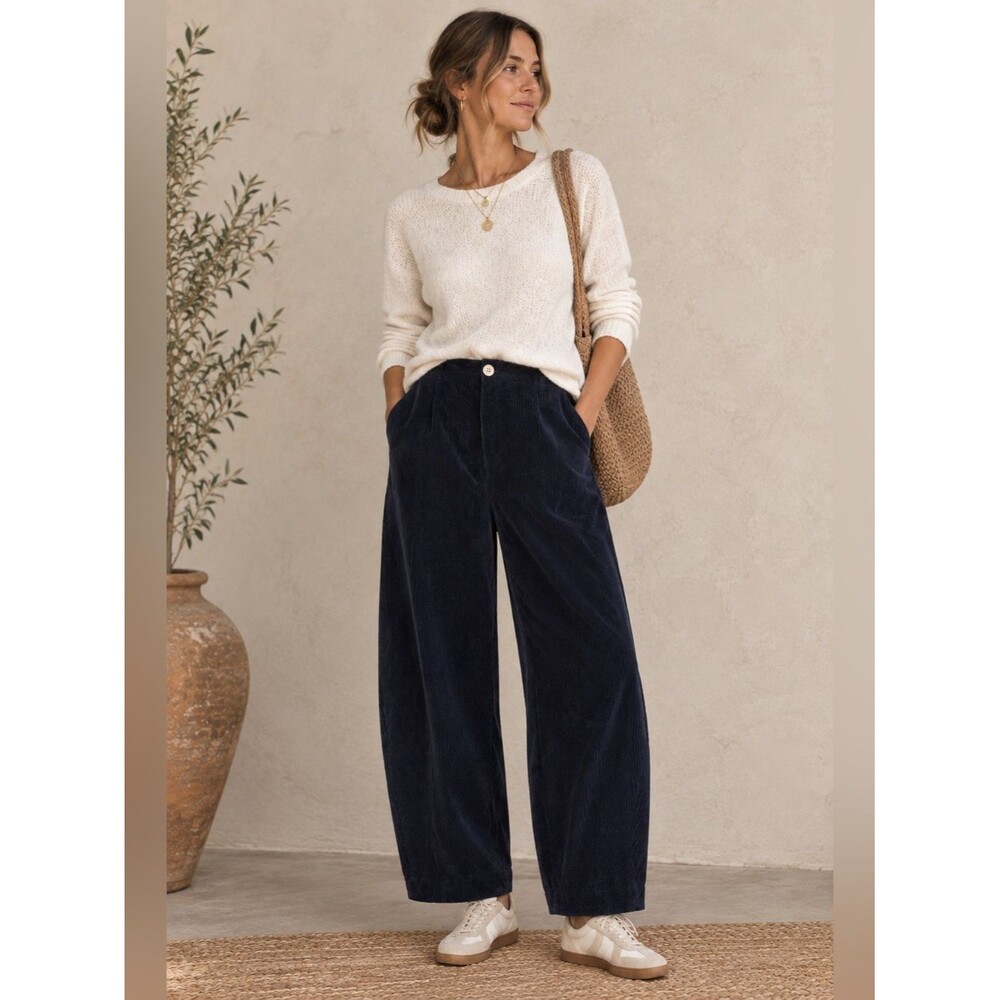 Ganni Navy Corduroy Barrel Leg Pants Mid Rise Scandi Pleated Trousers, sz XS